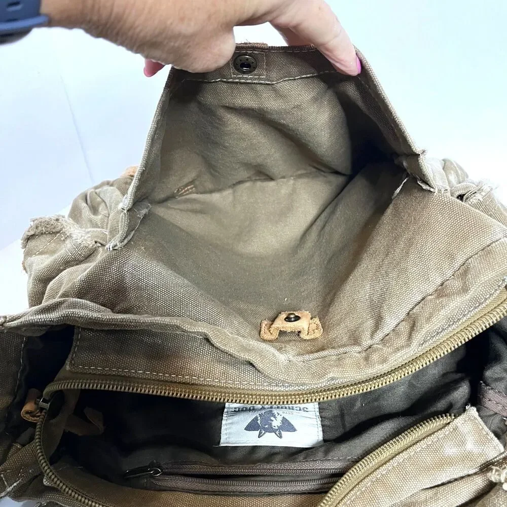 Scruffy Dog Trading Co Vtg Messenger Khaki Canvas Tan Leather Shoulder Bag